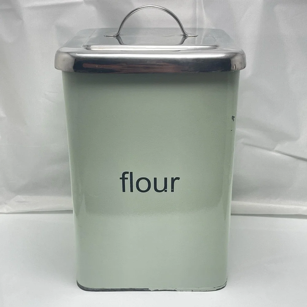 2‎ Pier 1 Imports Square Enamel Metal Canisters Chrome Lids Mint Green Flour